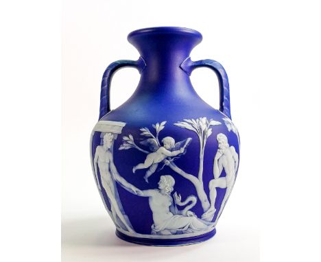 19th century Wedgwood large Portland vase: Dark blue dip Jasperware. The base of the vase has a white relief portrait of a ma