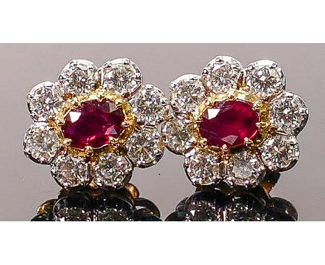 18ct gold earrings set ruby &amp; diamonds: Nice colour ruby set with 8 bright diamonds, each measuring a fraction under 10 p