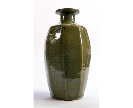 Simon Leach art pottery green glazed octagonal vase: Height 23cm. 