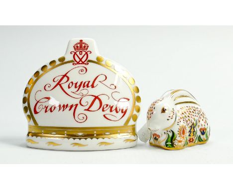 Royal Crown Derby ceramic name stand &amp; baby rabbit: Both boxed. (2) 