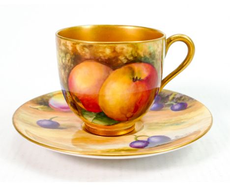 Royal Worcester demitasse gilded cup &amp; saucer: Hand painted with fruit by Rushton &amp; Hale, saucer diameter 9.5cm. 