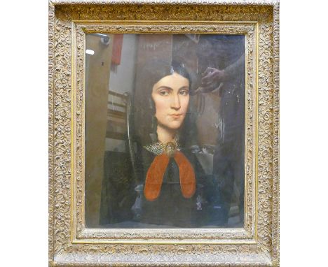 19th century oil painting on canvas: Portrait of a woman with cameo brooch and lace collar in gilt frame, 60 x 50cm. 