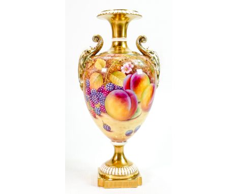 Royal Worcester two handled gilded vase: Hand painted all around with fruit by R Platt, dated 1969 height 31cm. 