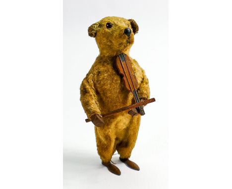 German clockwork bear playing a violin: With golden artificial silk plush, orange and black glass eyes, metal disc nose, cart