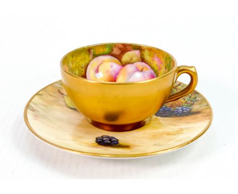 Royal Worcester gilded cup &amp; saucer: Hand painted with fruit by F Harper &amp; R Austin, saucer diameter 9.5cm. 