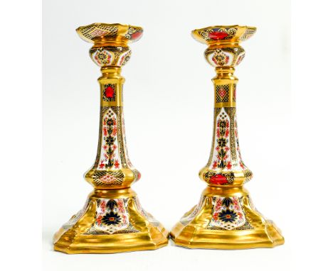 Royal Crown Derby PAIR of Castleton Candlesticks: Ref 1128 Measuring 17.5cm high, first quality, original boxes. 