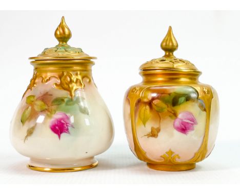 Royal Worcester pot pourri jar &amp; covers: Both hand painted with roses, tallest height 13cm. (2) 