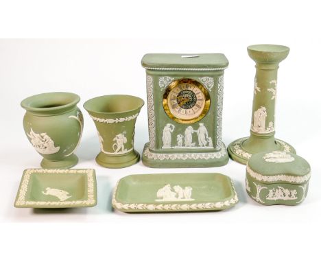 A collection of sage green Wedgwood items to include: Mantle clock, vases, candlestick etc. (7) 