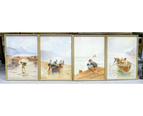 R Douglas, set of watercolours of fishing scenes: Comprising "On the Irish Coast", "Cornish Fisherman", "Seagulls" and "Launc