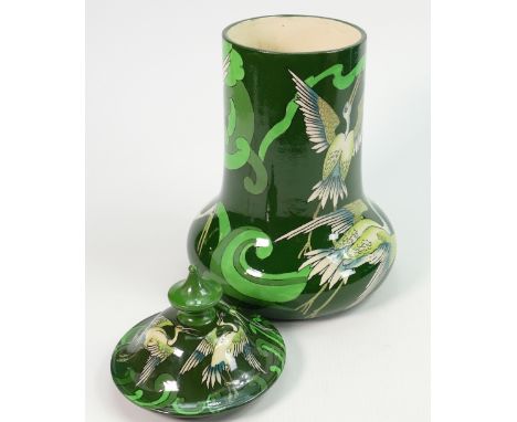 Wileman &amp; Co. Intarsio lidded vase: Pattern no 3248, cranes on a green ground, height 29.5cm. 