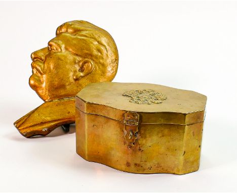 Early 20th century cast metal relief plaque of Stalin together with Imperial Russian Brass Tea Caddy: Height of plaque 22cm. 
