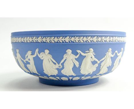Wedgwood light blue Jasperware dancing hours bowl: Dated 1956, diameter 26cm. 