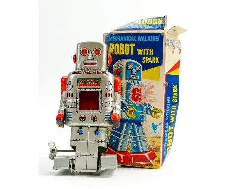 1960's Japanese tin plate boxed robot: Mechanical walking robot with spark, mechanism good but spark not apparent , height 17