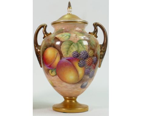 Royal Worcester two handled gilded vase &amp; cover: Hand painted all around with fruit by Telford, height 21.5cm.