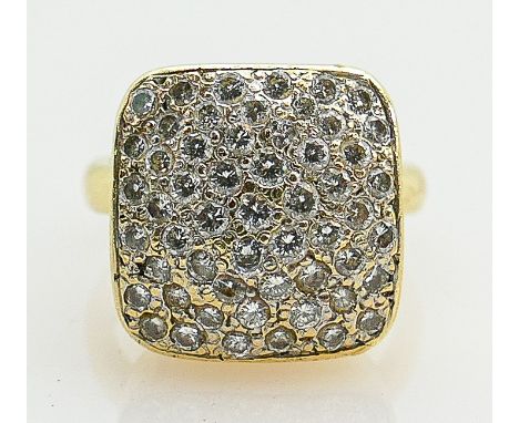 18ct gold hallmarked large diamond cluster dress ring:  Head measures 15mm x 15mm and contains a large number of diamonds.  R