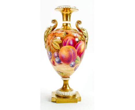 Royal Worcester two handled gilded vase: Hand painted all around with fruit by P Stanley, height 32cm. 