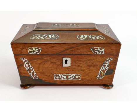 Regency tea caddy and Victorian writing slope: A rosewood inlaid sarcophagus shaped tea caddy 21cm x 12.5cm and a Victorian w
