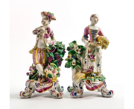 A pair of Bow figures symbolic of Summer and Autumn: Summer as a girl with floral sprigged dress and pink bodice with blue la