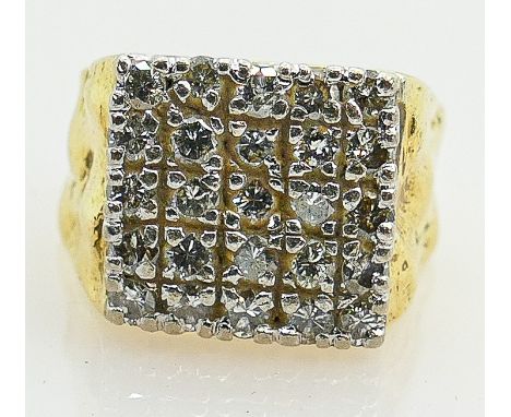 Diamond cluster &amp; yellow metal ring tested as 18ct gold:  Head measures 13mm x 13mm &amp; contains 25 diamonds.  Designer