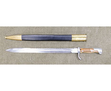 Reproduction German WW1 Sawback M-1898/05 Butcher Bayonet: With Leather Scabbard, total length 60cm. 