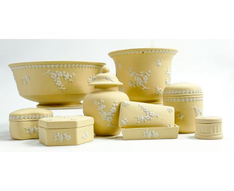 A collection of lemon Wedgwood Jasperware to include: Temple jar, trinket boxes, planter, bowl. Diameter of bowl 20.5cm. (7) 