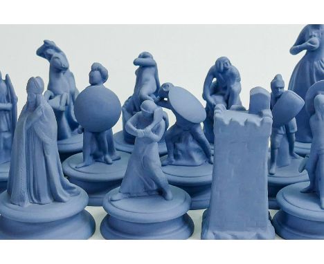 Modern Wedgwood Flaxman designed light blue coloured Jasperware chess pieces: 16 pieces.