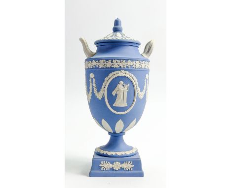 Wedgwood light blue Jasperware two handled urn &amp; cover: Height 30cm. 