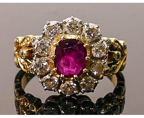 18ct yellow gold ring set ruby &amp; moissanite:  Ring size L 1/2.  Face of ring head measures 13mm x 13mm approx.  Fully hal