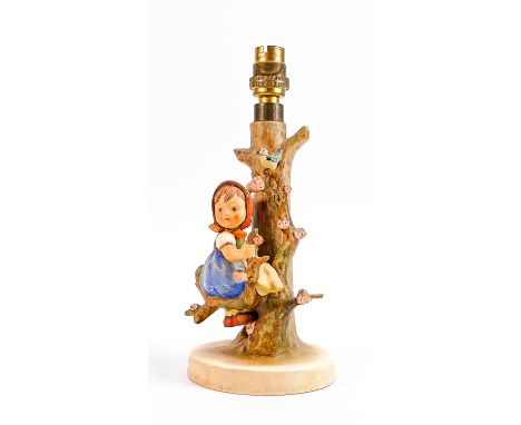 Goebel Hummel lamp base figure of a girl seated in tree: Height of pottery 17cm. 