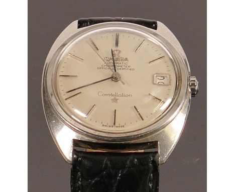 Omega Constellation automatic chronometer gents watch circa 1970s: Stainless steel case with Omega button, and later leather 
