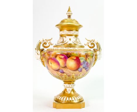Royal Worcester two handled gilded vase &amp; cover: Hand painted all around with fruit by P Stanley, shape 1572 height 28cm.