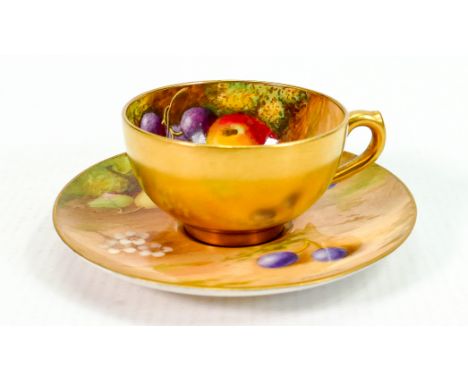 Royal Worcester gilded cup &amp; saucer: Hand painted with fruit by F Harper, saucer diameter 9.5cm. 