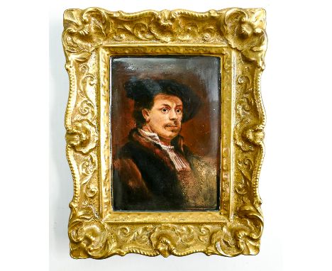 Reg Johnson signed ceramic plaque in the form of a framed oil painting titled Rembrandt: Measuring 17cm x 14cm overall. 