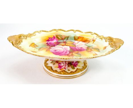 Royal Worcester large gilded comport: Hand painted with roses by M Hunt, max diameter 31cm. 