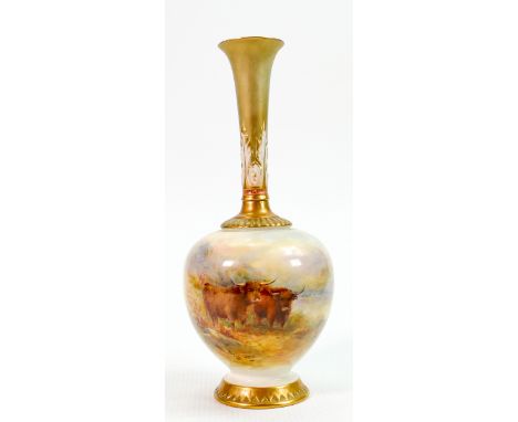 Royal Worcester vase: Hand painted with Highland Cattle by H Stinton, puce mark, height 23.5cm. 