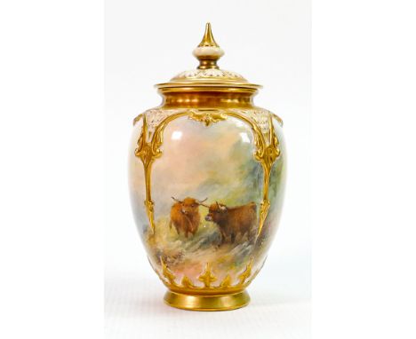 Royal Worcester pot pourri jar &amp; cover: Hand painted with highland cattle by H Stinton, shape 169, height 16.5cm. 