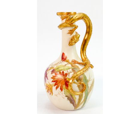 Royal Worcester porcelain floral ewer: With gilded dragon wrapped around, puce marks, height 22.5cm. 