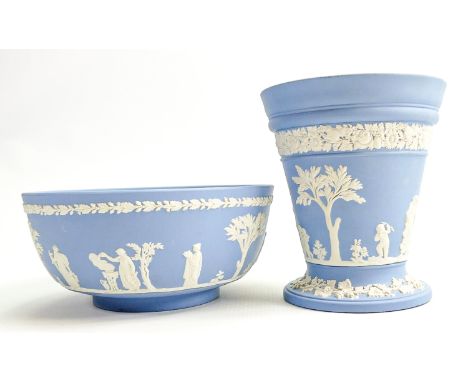 Wedgwood light blue Jasperware flower vase and bowl:Bowl diameter 21cm. (2) 