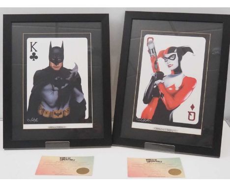 A pair of signed MARC WOLFE playing card style art prints featuring - Harleyquinn as the Queen of Diamonds and Batman as the 