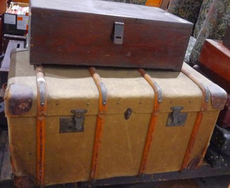 Vintage canvas and bentwood steamer trunk&nbsp;and a stained pine box (2)&nbsp;

