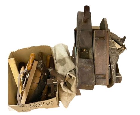 Collection of vintage woodworking tools&nbsp;to include planes, saws, chisels, etc and a canvas bag&nbsp;containing spanners&