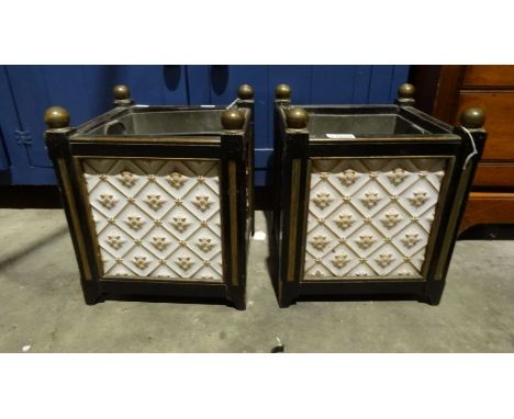 Pair of wooden square planters&nbsp;with floral and gilt decorated ceramic tiled outer (2)&nbsp;
