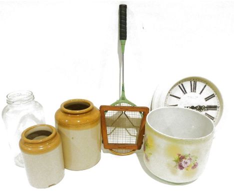 Vintage AJ Crosby badminton racquet with badminton press, three parasols, a pair of terracotta plant pots, a large wall clock