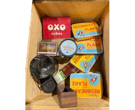 Vintage OXO cube tin, eight Ogdens Red Breast Flake tobacco tins, an Ogdens St Julian tobacco tin, a Wills Legation Mixture t