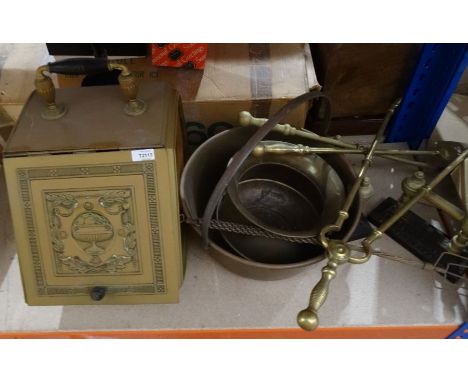 Brass coal scuttle, a brass jam pan, assorted fireside tools, a pair of boot scrapers&nbsp;and a brass spittoon&nbsp;

