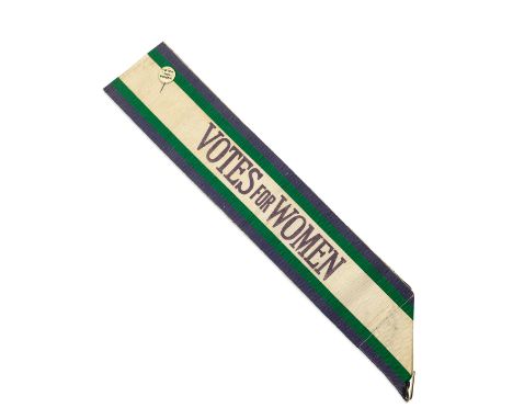 SUFFRAGETTE 'VOTES FOR WOMEN' SASHOriginal 'Votes for Women' tri-coloured suffragette sash, woven in purple, green and white 