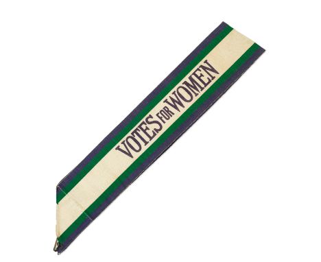 SUFFRAGETTE 'VOTES FOR WOMEN' SASHOriginal 'Votes for Women' tri-coloured suffragette sash, woven in purple, green and white 