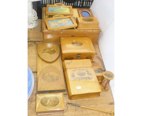 Mauchlin ware book trough, boxes, frames, egg timer, etc