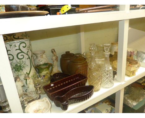 Pair of glass decanters and glassware, pottery stick stand, figures, storage jars, etc