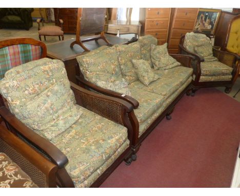 1920's/30's mahogany bergere panelled three piece lounge suite on paw feet in green tapestry fabric